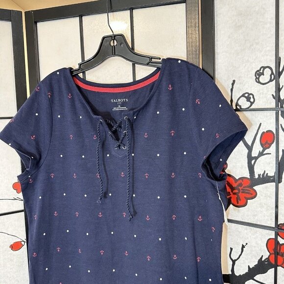 Talbots Nautical Dress Navy Blue Lace up Neck Size XL Shirt Dress Cotton New - Picture 2 of 5